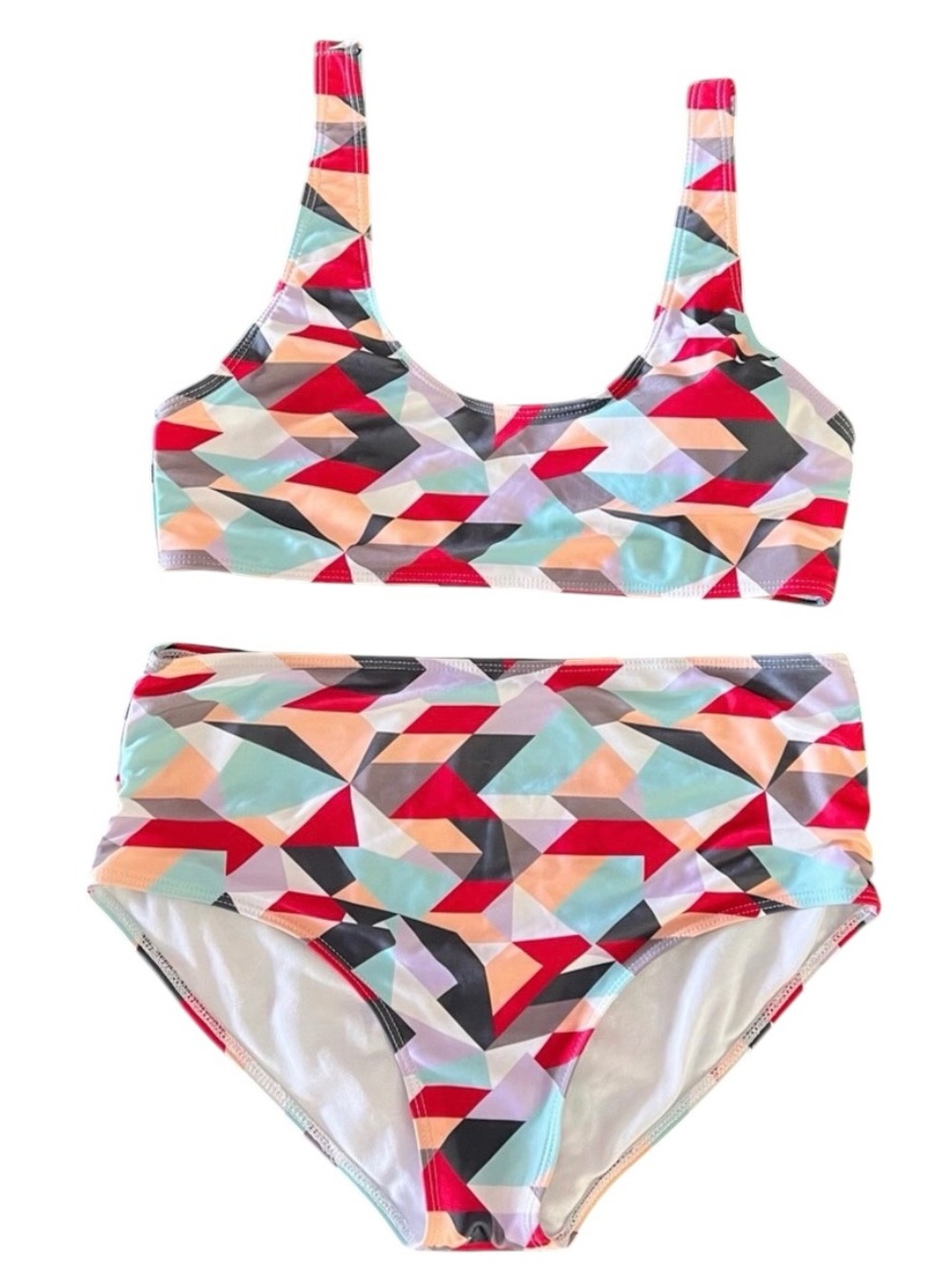 Red Aqua Peach Gray Pixelated High Waist Retro Moderate Coverage Geo Bikini L